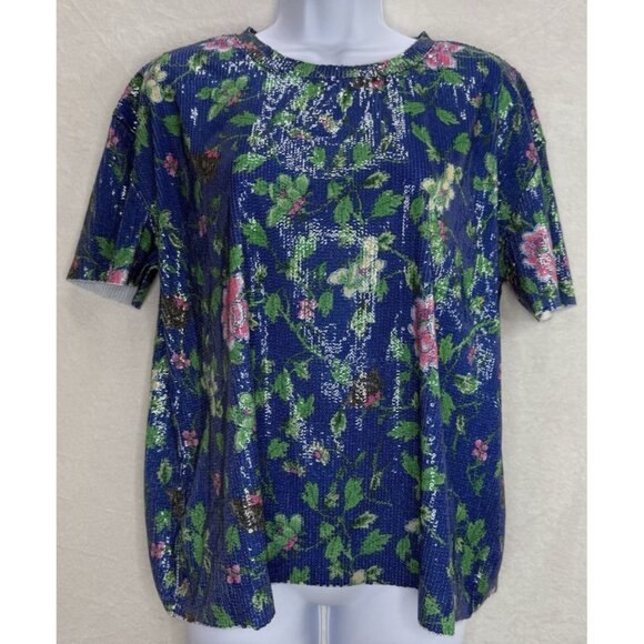 Zara Trafaluc Size Medium Blue Floral Sequin T-Shirt Blouse - Picture 3 of 8